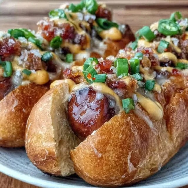 Close-up of pulled-apart bun section showing molten cheese pull, juicy hot dog slice, soft fluffy bread interior, golden buttery crust, dripping garlic herb butter