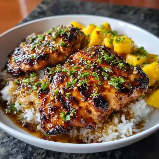 Close-up of mango glazed chicken thigh showing glossy orange-amber lacquered skin, juicy meat visible at edges, fresh mango cubes with grill marks, lime zest sprinkle, fresh cilantro leaves
