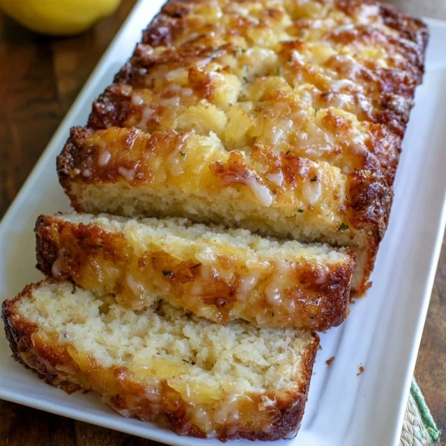 Lemon pineapple loaf cake on a cake stand, golden-yellow loaf cut to show tender moist crumb with pineapple flecks, glossy white-yellow lemon glaze cascading down the sides, fresh lemon zest and pineapple chunks on top