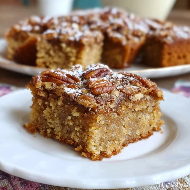 Close-up of pecan pie bar cross-section showing golden buttery shortbread base, dark gooey caramel-pecan filling layer, whole pecan halves embedded on top, sticky shine