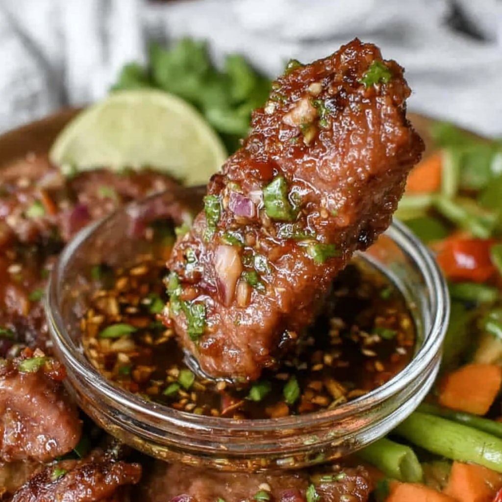 Close-up of sliced grilled beef with crispy charred crust, glossy with marinade, drizzle of spicy dipping sauce showing toasted rice and chili flakes
