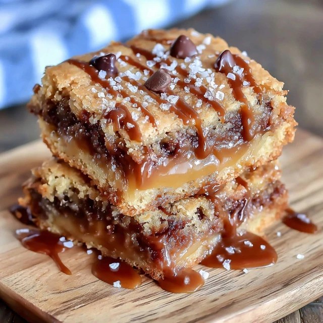 Close-up of single bar split in half showing soft cookie crumb, gooey caramel center stretching, melted chocolate chips, sea salt crystals