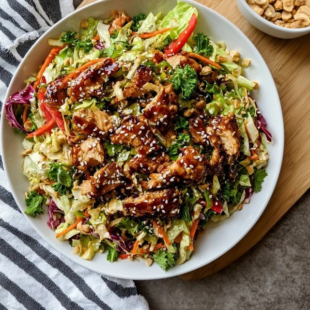 Close-up of the salad showing colorful cabbage strands, mandarin segments, glossy dressing-coated chicken pieces, crunchy almonds and noodles, fresh cilantro garnish