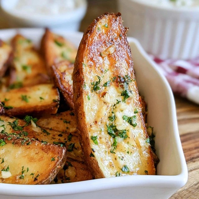 Close-up of crispy potato wedges showing golden edges, melted parmesan and flecks of herbs and garlic