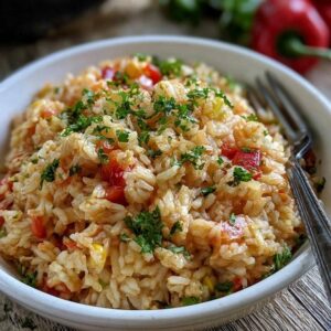 Vegetable fried rice in a wok, fluffy rice with peas, carrots, corn, scrambled egg and green onion, glossy from soy sauce and sesame oil, garnished with sesame seeds