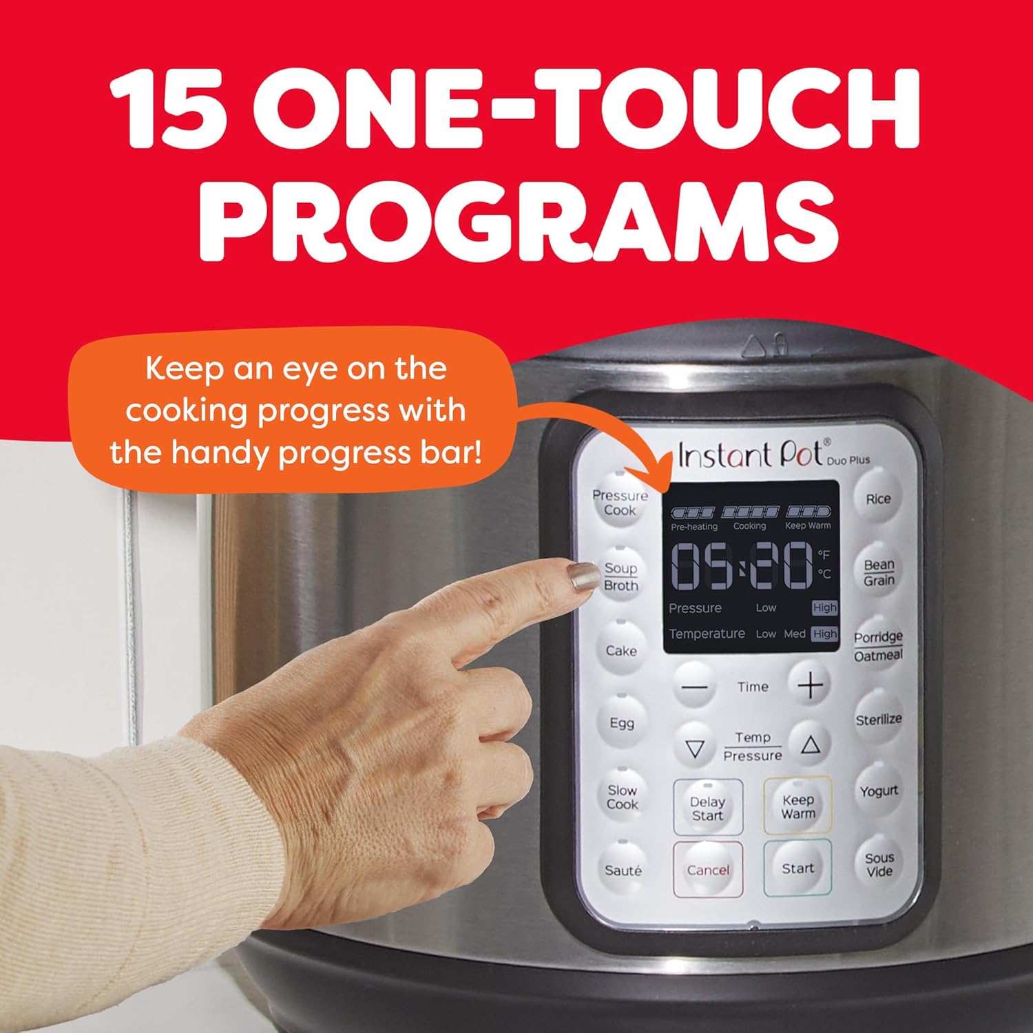 Instant Pot Duo Plus control panel and lid, angled view