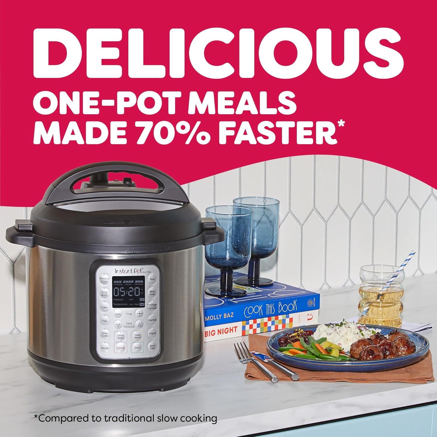 Instant Pot Duo Plus with a full cooked meal